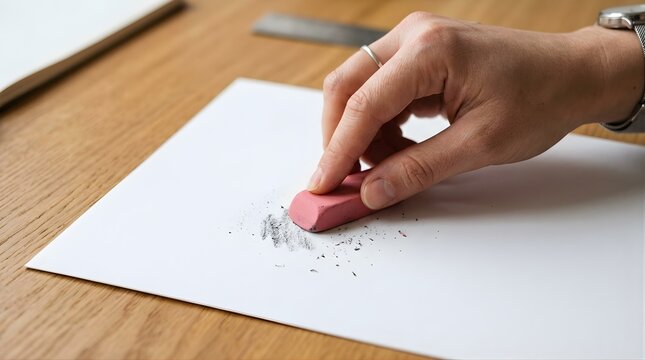 Person erasing pencil mistake on white paper sheet with pink rubber block