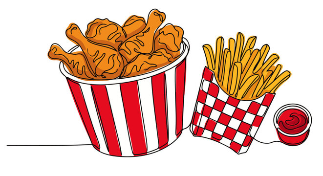 Continuous single line drawing of fast food combo featuring crispy fried chicken in a red striped bucket, french fries in a checkered box, and ketchup dip