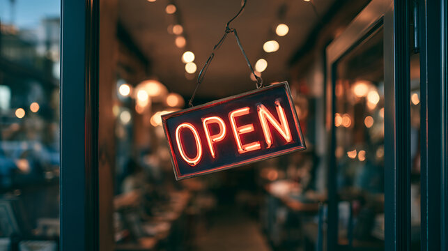Close-Up Of A Small Shop's Open Sign Being Flipped On A Glass Door, Diffused Overcast Daylight, Wide-Angle 24mm Lens, Expansive View, High-Contrast Tones, Photorealistic, Ultra-Detailed