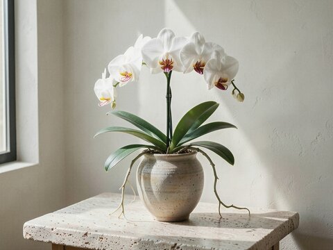 Elegant White Phalaenopsis Aphrodite Orchid in Artisan Ceramic Vase on Travertine Table