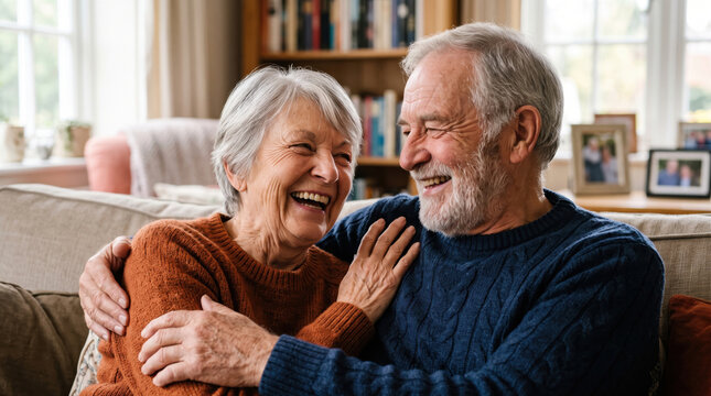 Joyful elderly couple laughing together at home, embracing in a cozy living room, surrounded by family photos, showing love and happiness in golden years
