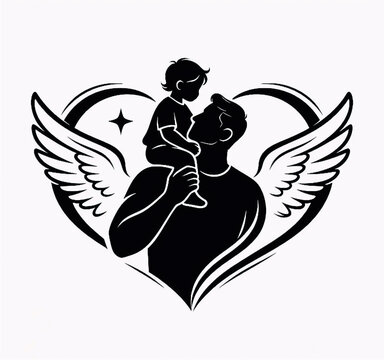 Silhouette of a loving father carrying his child on shoulders framed by angel wings and heart shape in elegant black design.