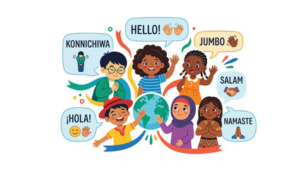 Children diverse greetings around globe illustration © Trend