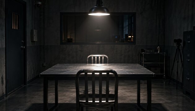 Dark interrogation room with metal table and chairs