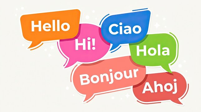 Colorful speech bubbles with greetings in multiple languages isolated on white