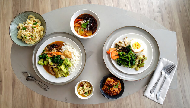 Overhead view of a modern home-style meal table setting with diverse dishes and cutlery on a clean surface