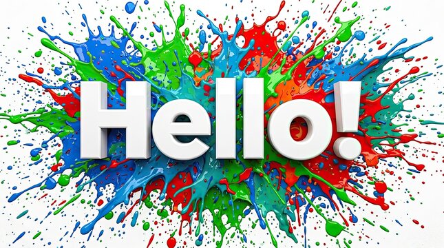 Colorful paint splash background with the word hello in bold white lettering