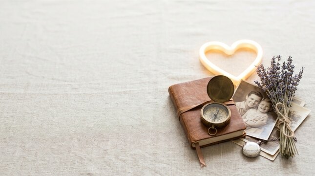 A vintage leather journal sits on a textured linen cloth, accompanied by a brass compass, a small photograph of a couple, and a bundle of dried lavender.