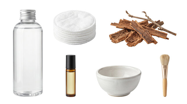 Witch Hazel Astringent Facial Toner and Clay Mask Set with Cotton Pads - Isolated Cutout PNG