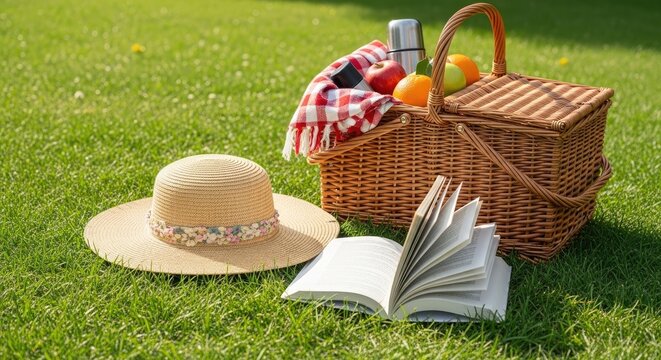 A wicker picnic basket sits on a lush green lawn, complete with a straw hat, a checkered blanket, an open book, and a thermos. The scene evokes a relaxing outdoor experience.
