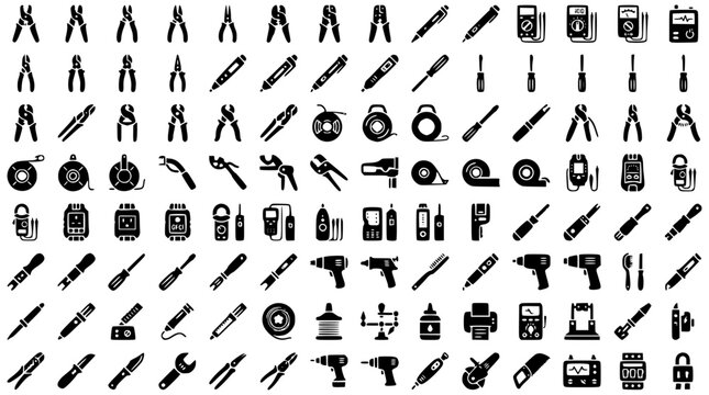 96 Set of Tool and Hardware Icons for Repair Construction DIY Maintenance and Electrical Work Vector Collection