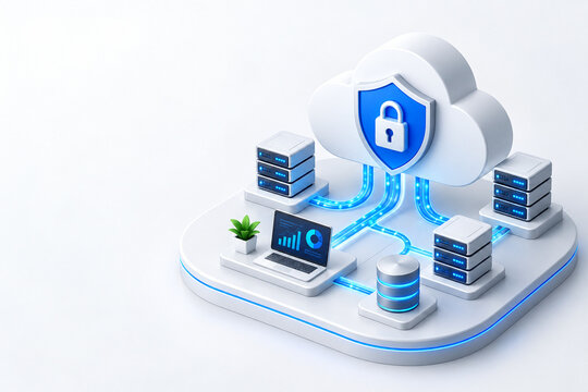 Isometric AI cloud cybersecurity and data protection concept with secure servers, encrypted network connections, and copy space