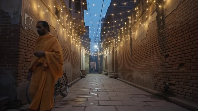 Buddhist monk in saffron robes walking through narrow alleyway under warm string lights at twilight