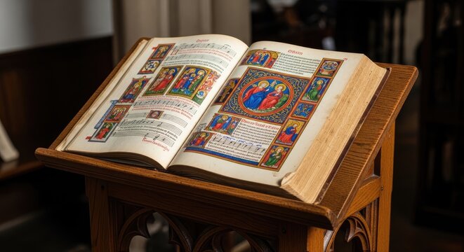 A wooden lectern supports an open, illuminated medieval music book. The book displays intricate illustrations and musical notation.