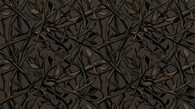Seamless camouflage pattern with tangled dark tree branches, dense twigs and forest boughs background vector illustration