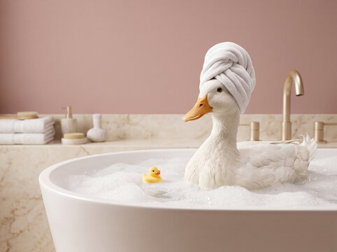 White duck with towel turban relaxing in luxury bubble bath spa
