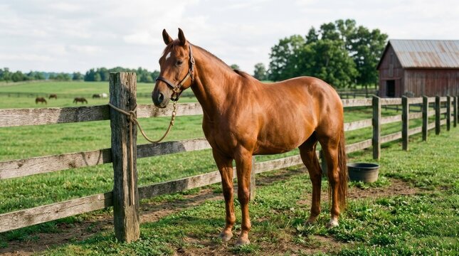 A chestnut horse stands calmly near a weathered wooden fence in a rural pasture. The horse is tethered with a lead rope.
