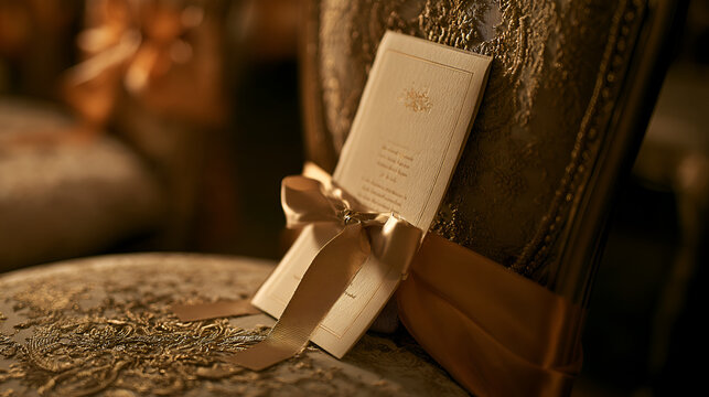 Close-Up Of A Wedding Program Resting On A Decorated Ceremony Chair, Warm Tungsten Interior Light, Macro Lens, Fine Detail, High-Contrast Tones, Photorealistic, Ultra-Detailed