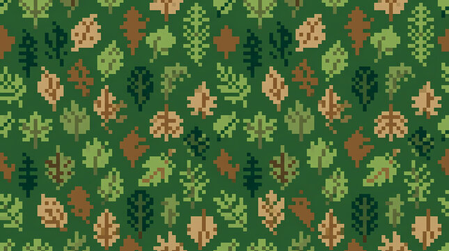 Pixel art forest leaves seamless pattern background. Autumn and summer foliage digital illustration