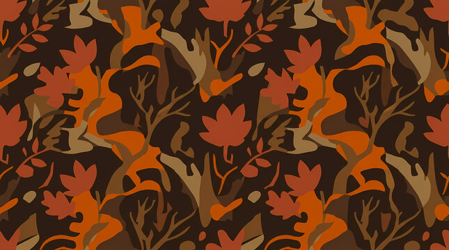 Seamless autumn camouflage pattern with abstract fall leaves and forest branches in earthy brown and orange tones