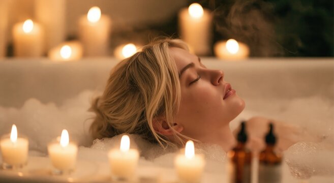 Woman relaxing in a bubble bath with candles for a peaceful spa wellness lifestyle and luxury beauty treatment