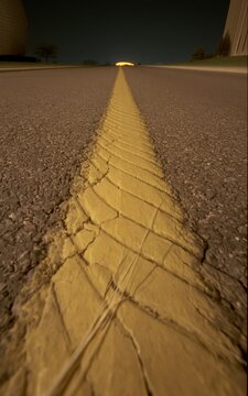 Empty asphalt highway with a yellow center line stretching to the horizon at night