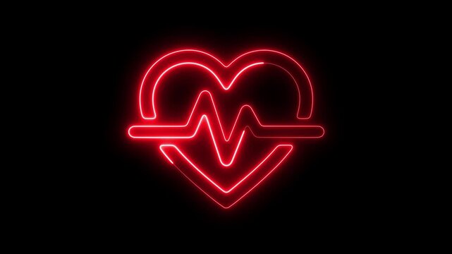 Glowing red neon heartbeat ekg line animation on black background, for medical and, healthcare concepts