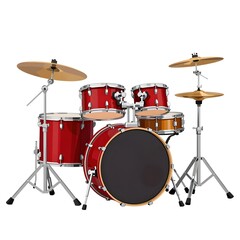 Fototapeta premium A professional red drum kit isolated on a white background for musical performances.