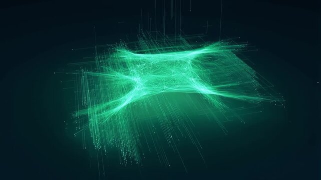 Abstract glowing green digital network grid mesh with interconnected data line particles floating in dark futuristic cyber space 3D render