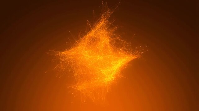 Abstract glowing orange plexus network node cluster spinning and expanding in dark warm background 3D motion graphics concept