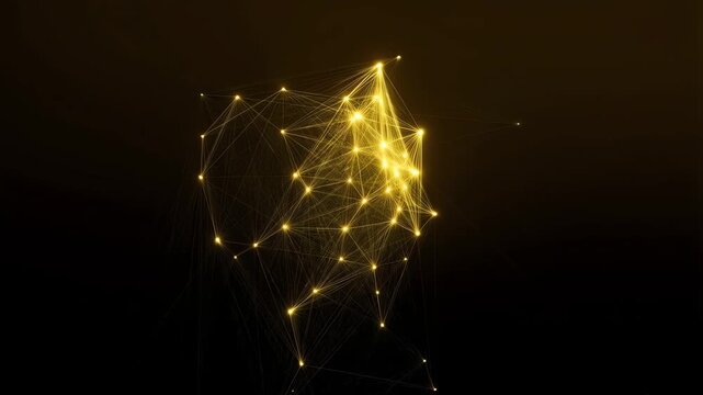 Abstract glowing golden yellow plexus network node cluster connecting data lines in deep dark cyber space background 3D render