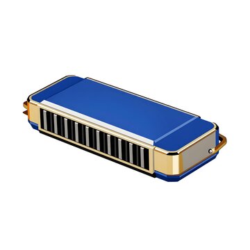 A classic blue and gold harmonica isolated on a white background.