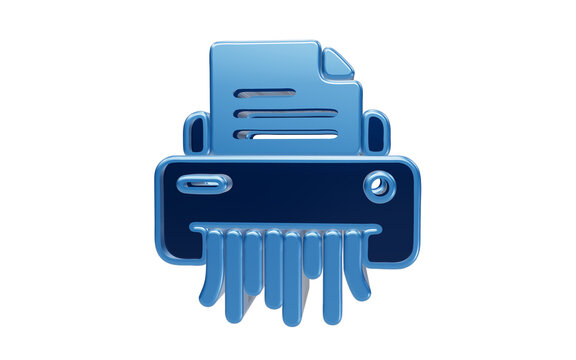 Glossy blue 3D paper shredder icon destroying documents isolated on transparent background for data destruction and office security