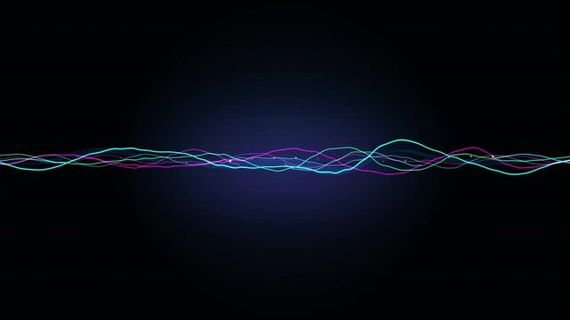 Abstract flowing digital sound wave motion graphic with pulsing neon lights on dark background