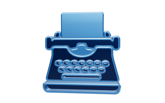 Vintage blue 3D typewriter icon isolated on transparent background for creative writing blogging retro communication and journalism concepts