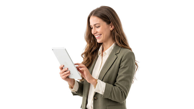 Smiling professional woman holding a silver digital tablet while wearing an olive green blazer posing isolated on transparent background