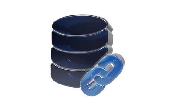 Glossy blue glass database server 3D icon with chain link symbol isolated on transparent background for secure data storage