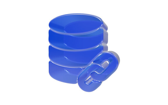 Glossy blue glass database server stack 3D icon with link symbol isolated on transparent background for web architecture