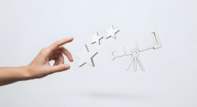 Hand reaching toward 3D telescope and stars icons representing vision discovery and astronomy concept