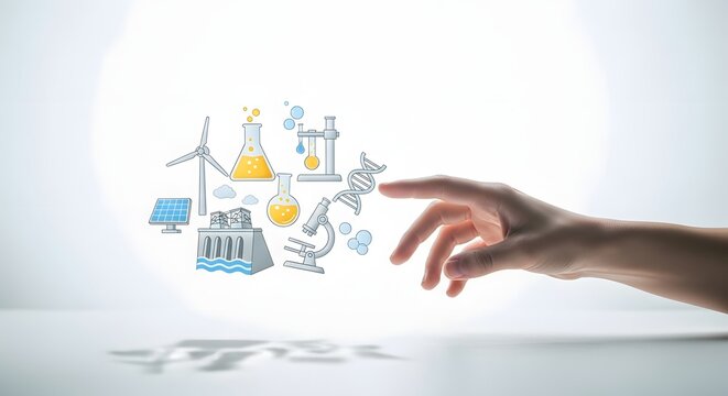 Person hand reaching to virtual science technology and green energy icons for sustainable future concept