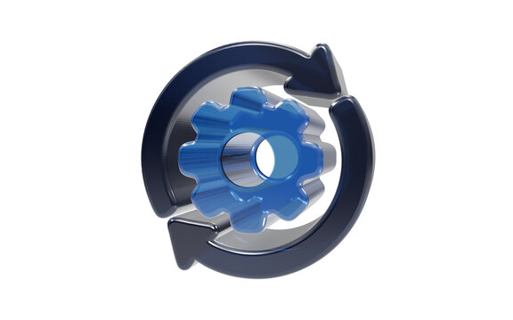 Glossy blue glass gear wheel 3D icon with circular loading arrows isolated on transparent background for system processing