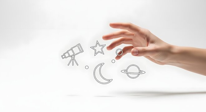 Human hand interacting with celestial icons like a telescope stars moon and planet representing space exploration and astronomical curiosity