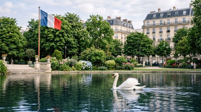 A majestic white swan glides serenely on a tranquil body of water within