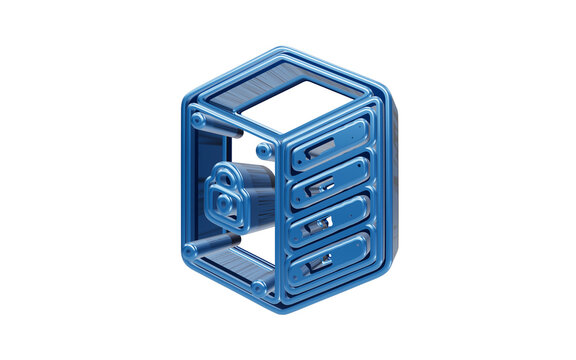 Glossy blue 3D icon of secure server rack cabinet with padlock representing cybersecurity data protection
