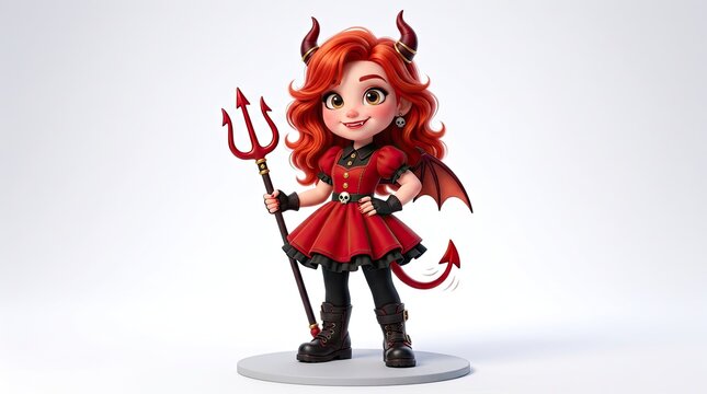 Charming little devil girl with a trident stands against a plain white background
