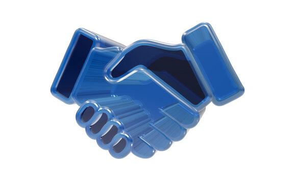 Glossy blue glass business handshake partnership 3d icon isolated on transparent background