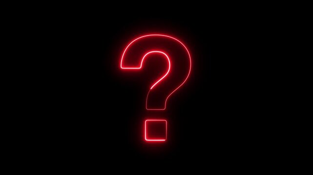 Glowing red neon question mark sign pulsing on black background, for faq and, problem solving concepts
