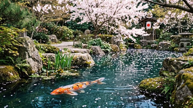 A vibrant koi fish swims gracefully in a tranquil Japanese pond  ts scales shimm