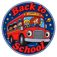 "Back to School Circular Badge with Red School Bus, Teacher and Kids © Astro DJ