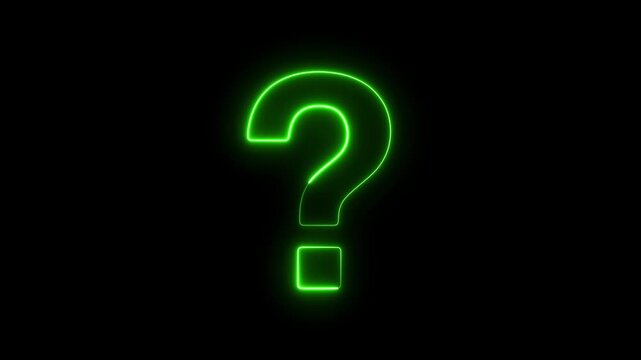 Neon green glowing question mark sign pulsing on black background, for faq and, problem solving symbol